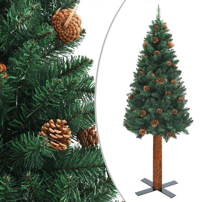Slim Pre-lit Christmas Tree with Real Wood&Cones Green 59.1"