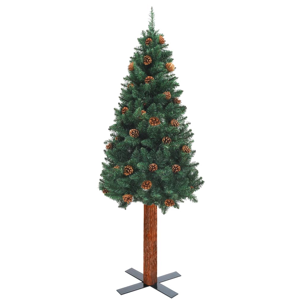 Slim Pre-lit Christmas Tree with Real Wood&Cones Green 59.1"
