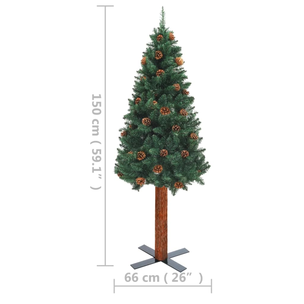 Slim Pre-lit Christmas Tree with Real Wood&Cones Green 59.1"