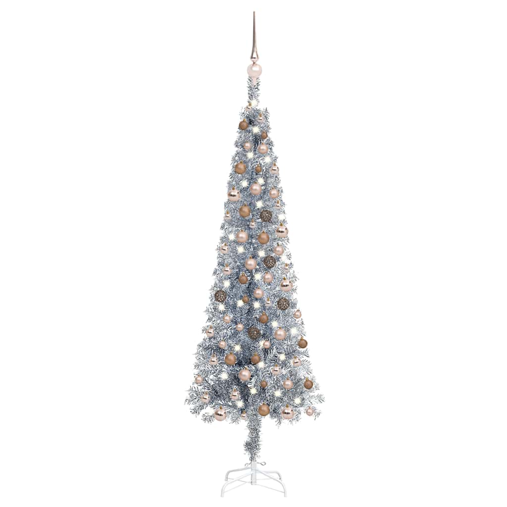 Slim Pre-lit Christmas Tree with Ball Set Silver 59.1"
