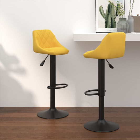 Bar Stool Set of 2 Mustard Yellow Velvet, Steel Adjustable