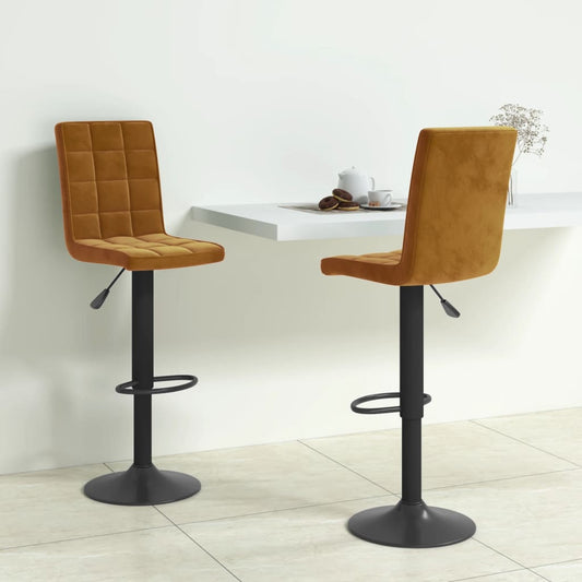 Bar Stool Set of 2 Brown Velvet, Steel Height-Adjustable Swivel