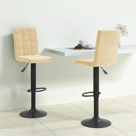 Bar Stool Set of 2 Cream Velvet, Steel, Foam Adjustable Height