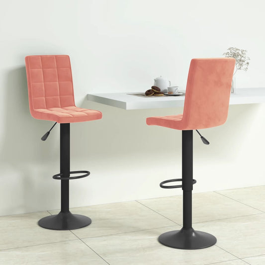 Bar Stool Set of 2 Pink Velvet, Steel Regular Height-Adjustable