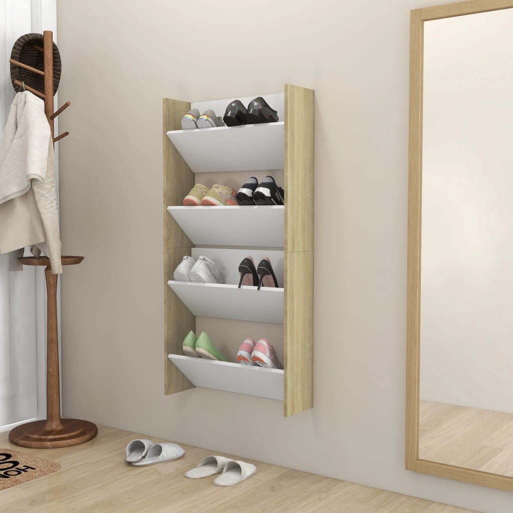 Wall Shoe Cabinet Set of 2 White and sonoma oak Engineered wood
