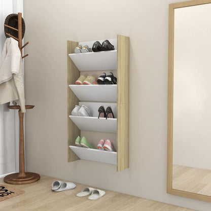 Wall Shoe Cabinet Set of 2 White and sonoma oak Engineered wood