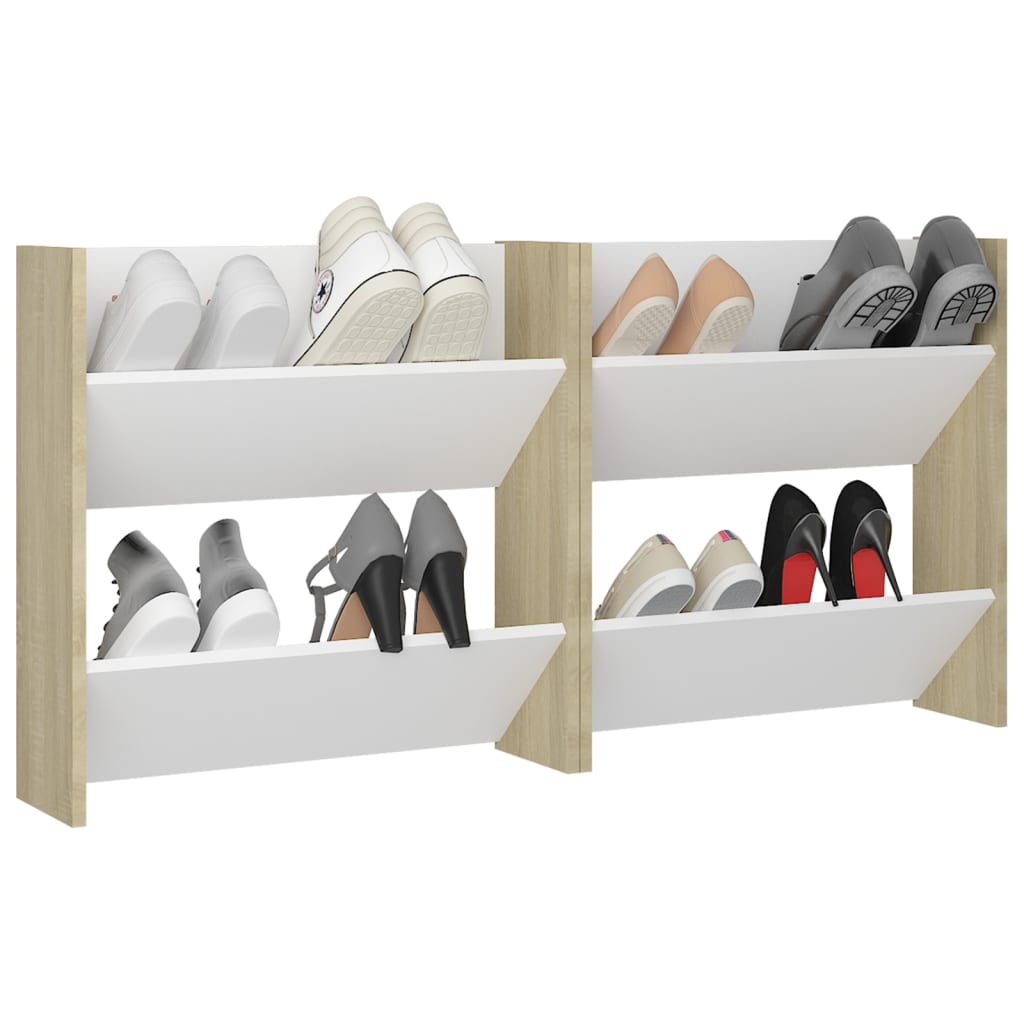 Wall Shoe Cabinet Set of 2 White and sonoma oak Engineered wood