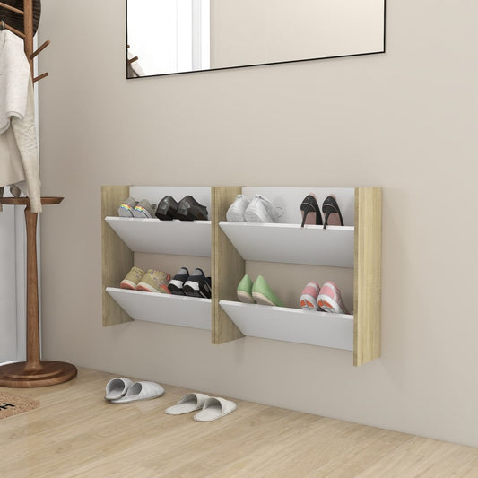 Wall Shoe Cabinet Set of 2 White and sonoma oak Engineered wood