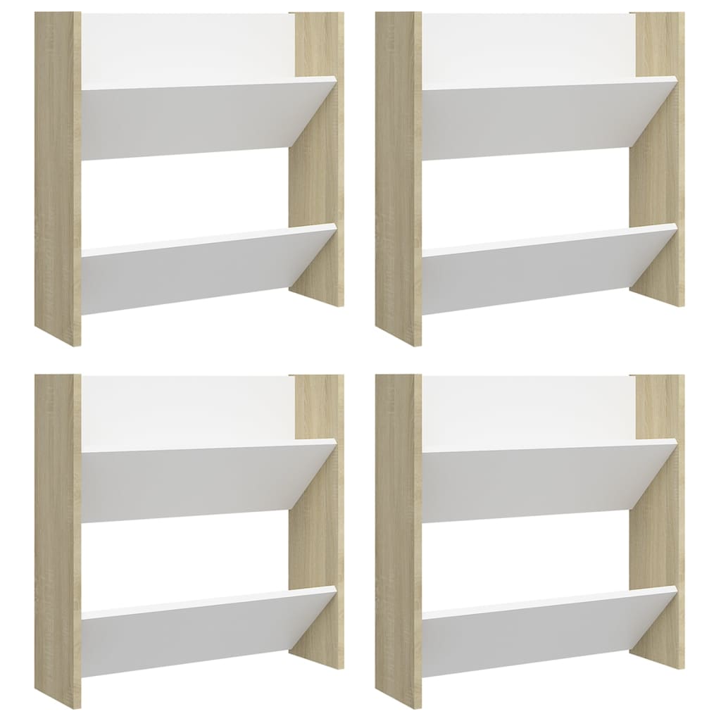 Wall Shoe Cabinet Set of 4 White and Sonoma Oak Engineered Wood