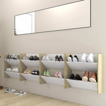 Wall Shoe Cabinet Set of 4 White and Sonoma Oak Engineered Wood