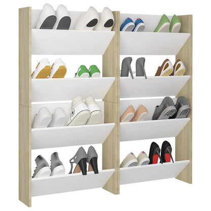 Wall Shoe Cabinet Set of 4 White and Sonoma Oak Engineered Wood
