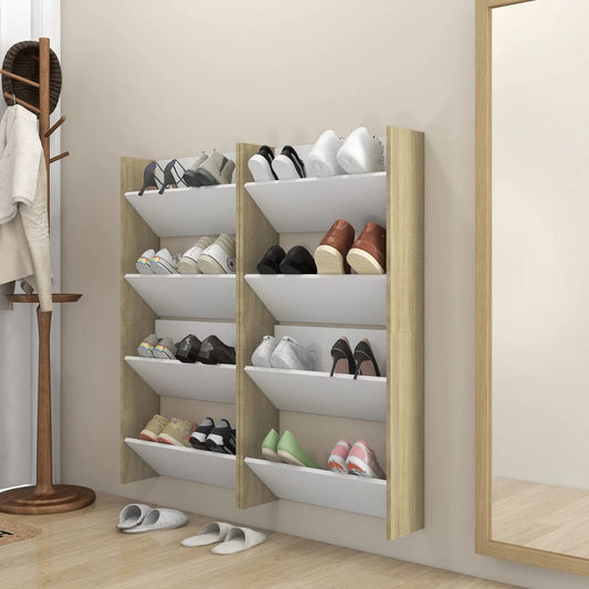 Wall Shoe Cabinet Set of 4 White and Sonoma Oak Engineered Wood