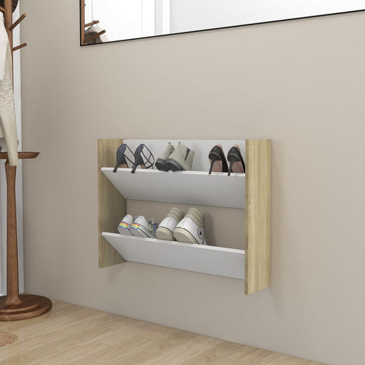 Wall Shoe Cabinet White and Sonoma Oak Engineered Wood Compact