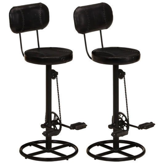 Bar Stool Set of 2 Black Real goat leather, iron Footrest