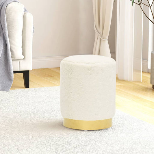 Stool White and Gold Plush (100% Polyester), Iron Medium Stool