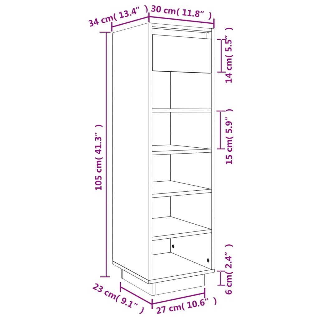 Shoe Cabinet White 11.8x13.4x41.3" Solid Wood Pine