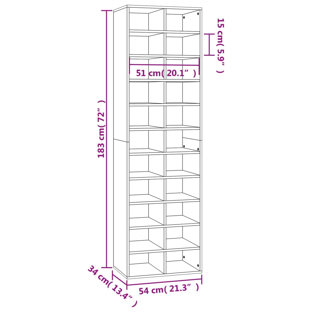 Shoe Cabinet Brown Oak 21.3x13.4x72.0" Engineered Wood
