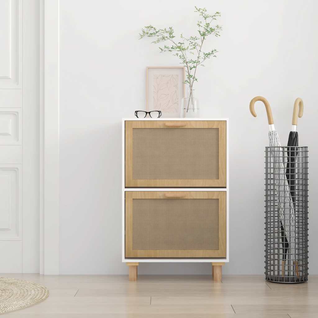 Shoe Cabinet White 20.5x9.8x31.5" Engineered Wood&Natural Rattan