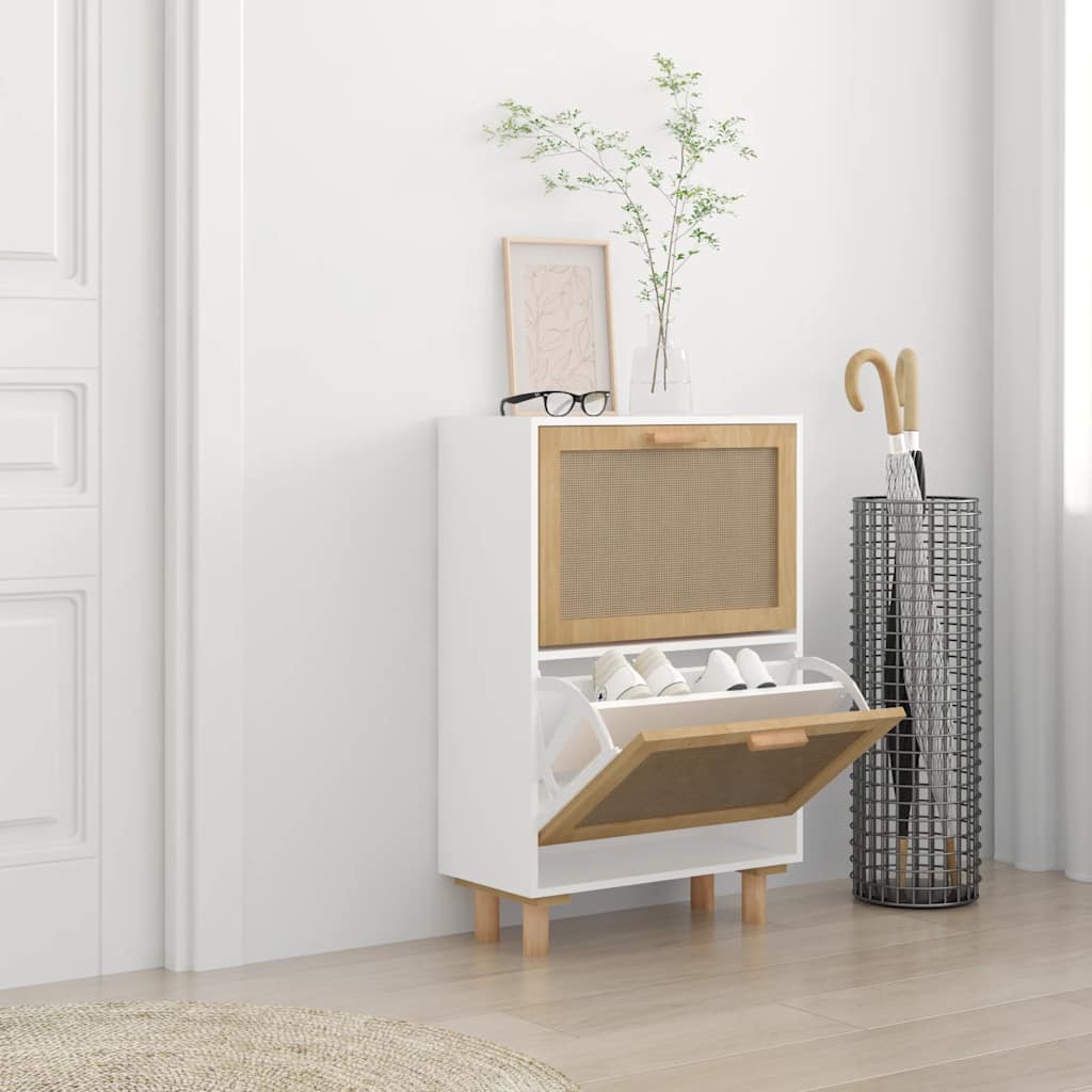 Shoe Cabinet White 20.5x9.8x31.5" Engineered Wood&Natural Rattan