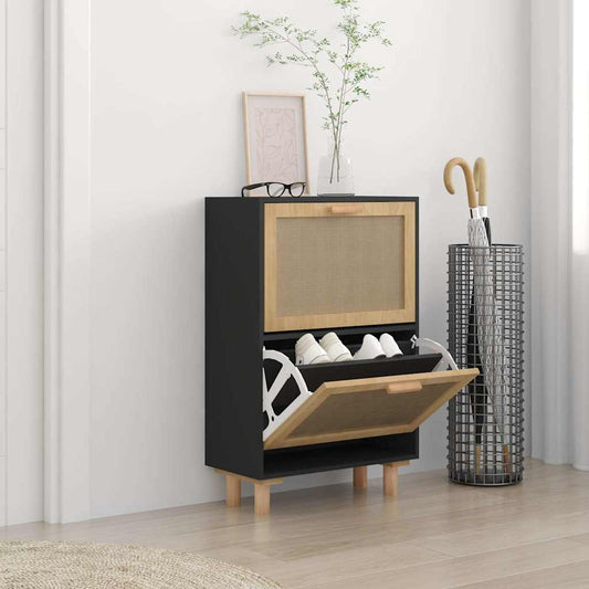 Shoe Cabinet Black 20.5x9.8x31.5" Engineered Wood&Natural Rattan