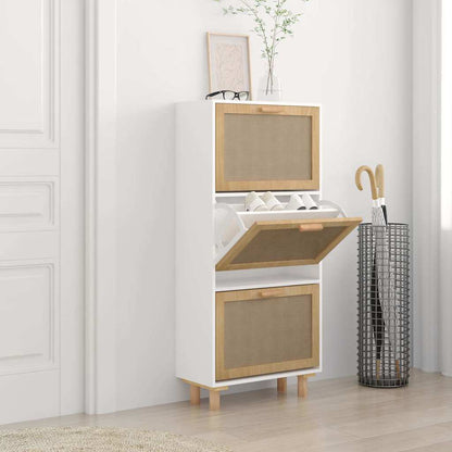 Shoe Cabinet White 20.5"x9.8"x45.3" Engineered Wood&Natural Rattan