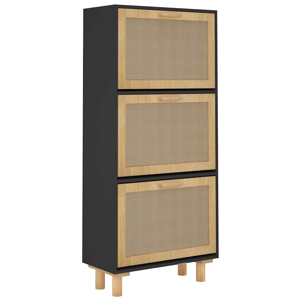 Shoe Cabinet Black 20.5"x9.8"x45.3" Engineered Wood&Natural Rattan