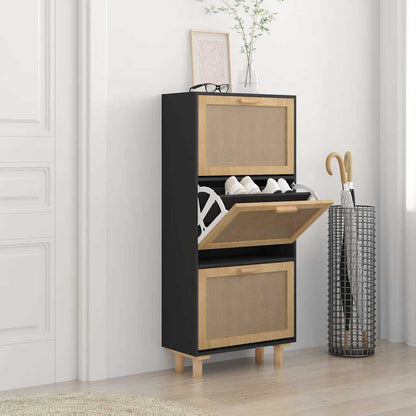 Shoe Cabinet Black 20.5"x9.8"x45.3" Engineered Wood&Natural Rattan