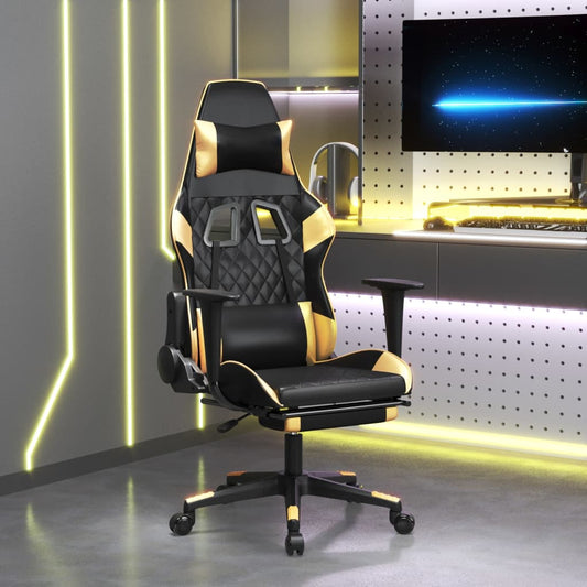 Massage Gaming Chair with Footrest Black&Gold Faux Leather