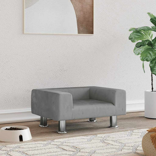 Dog Bed Light Grey Velvet, Pine Wood, Chromed Steel