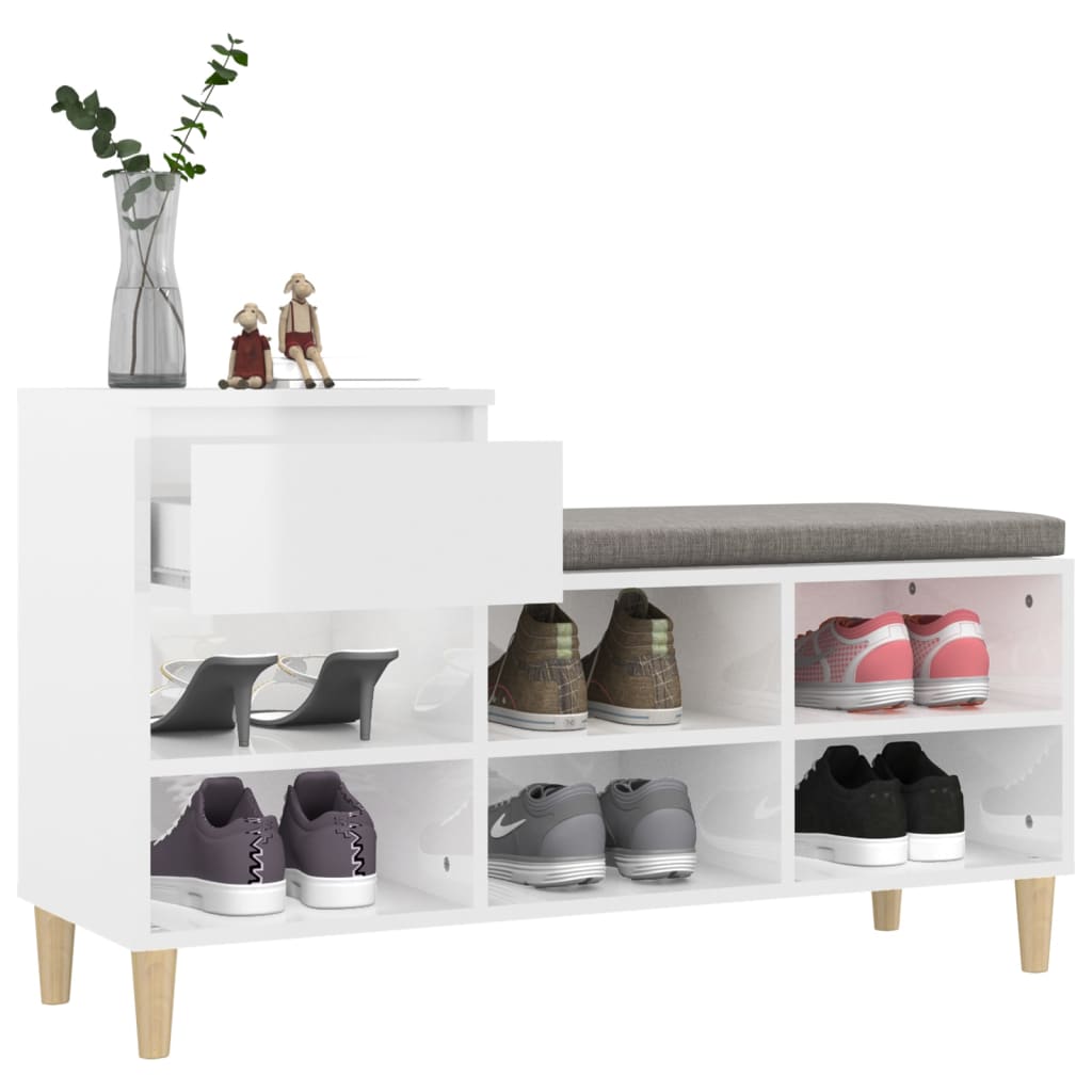 Shoe Cabinet High gloss white Engineered Wood, Solid Eucalyptus Wood