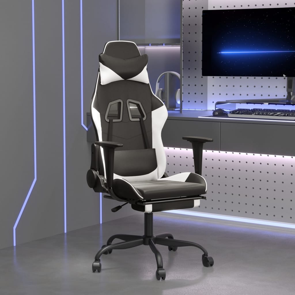 Gaming Chair Black and White Faux Leather, Metal, Plywood, Foam