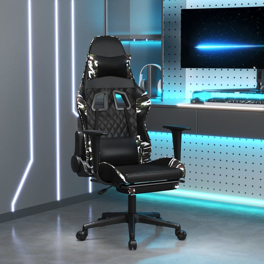 Gaming Chair Black and Camouflage Faux Leather, Metal, Plywood, Foam