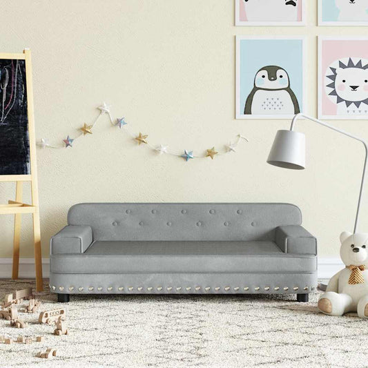 Kids Sofa Light Grey Velvet, Solid Pine Wood Mini Modern