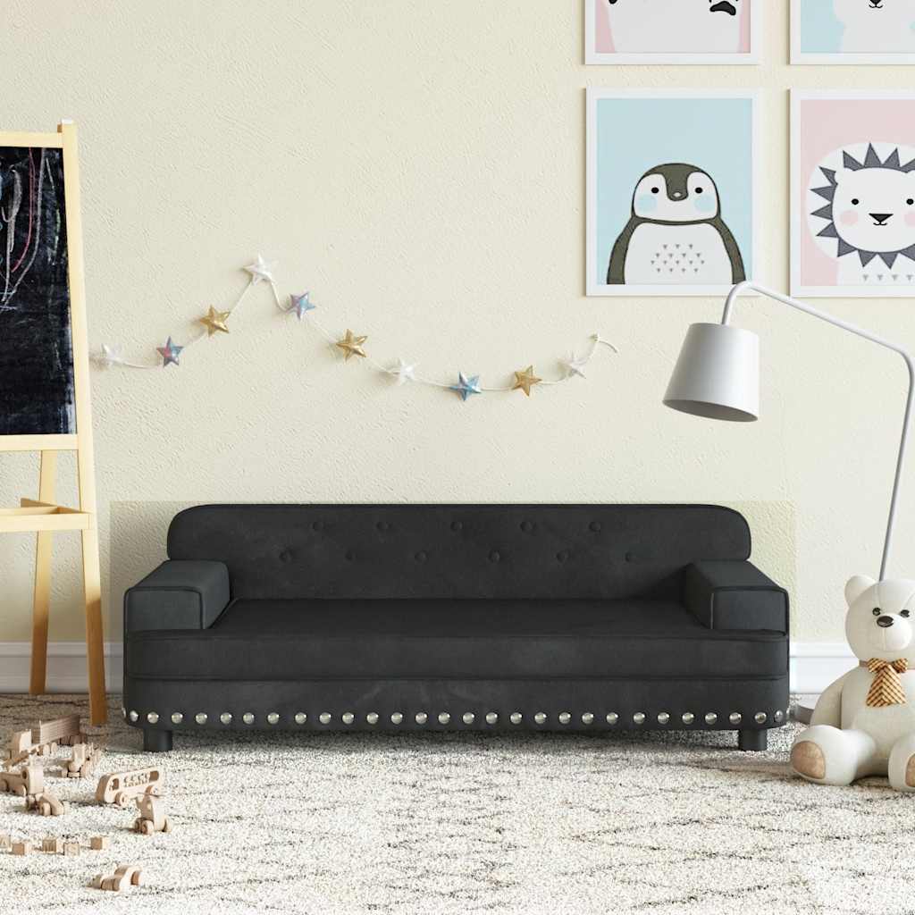 Kids Sofa Black Velvet, Solid Pine Wood, Foam Mini