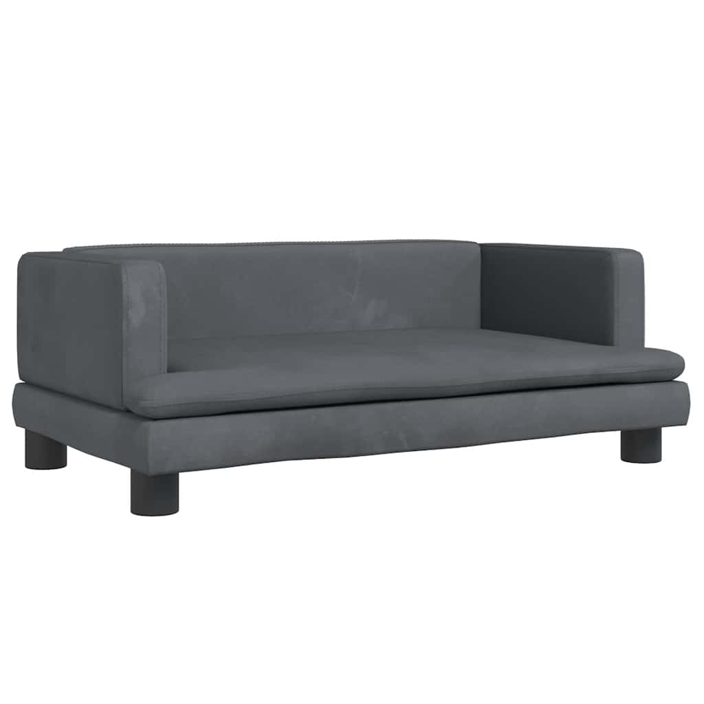 Kids Sofa Dark Grey Velvet, Pine Wood, Foam Mini Rounded corners