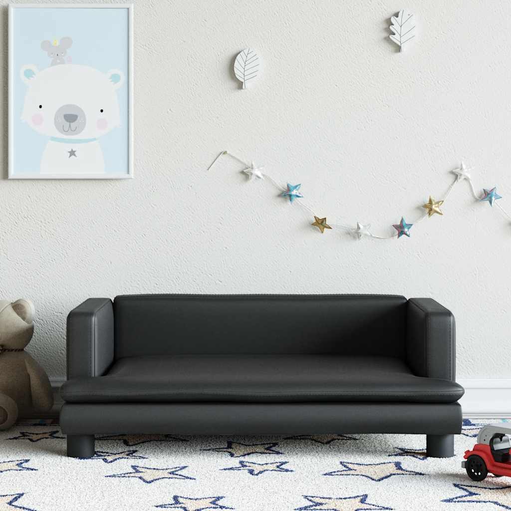 Kids Sofa Black Faux Leather, Solid Pine Wood Mini Durable