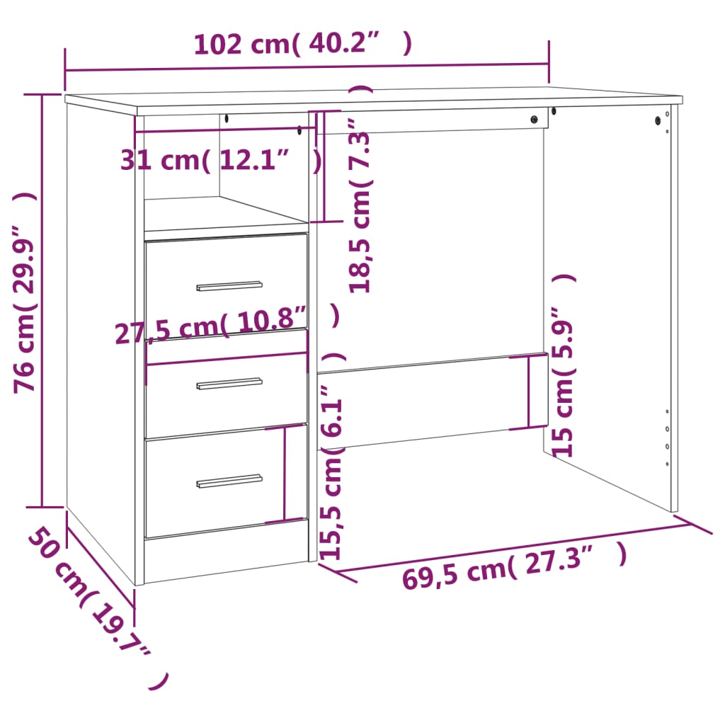 Desk with Drawers White 40.2x19.7x29.9" Engineered Wood