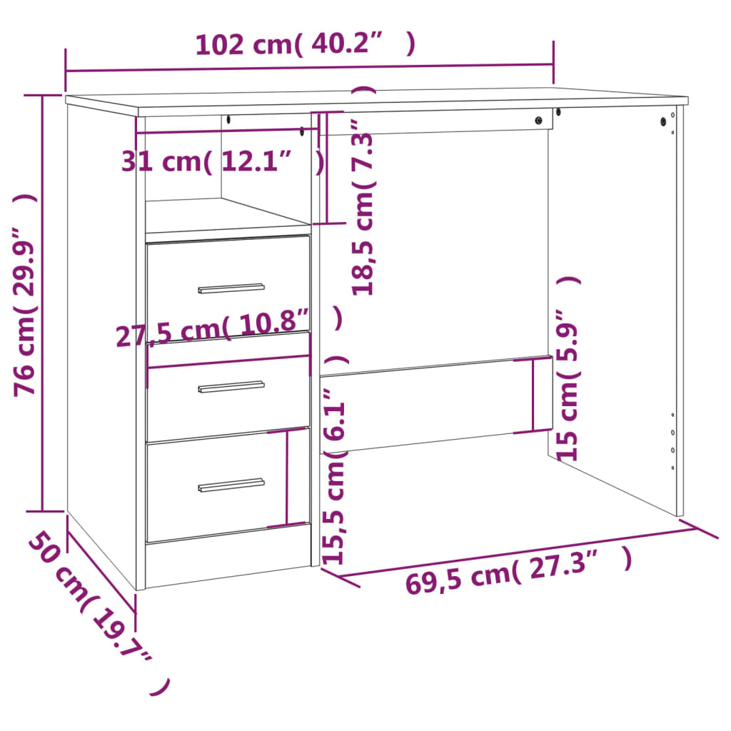 Desk with Drawers Sonoma Oak 40.2x19.7x29.9" Engineered Wood