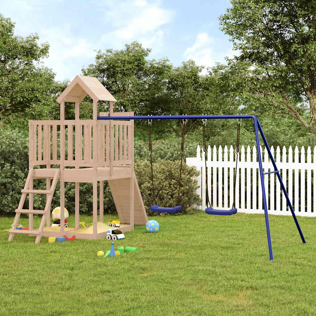 Outdoor Playset Brown, Blue Solid pine wood, Polypropylene Large