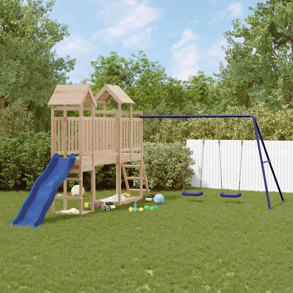 Outdoor Playset Natural Pine, Blue Solid Pine Wood, Polypropylene
