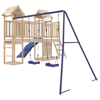Outdoor Playset Natural, Blue Solid Pine Wood, Polypropylene, Metal