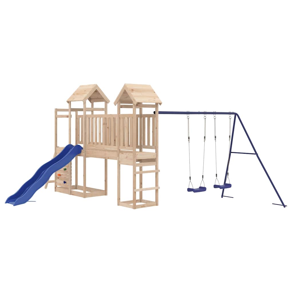 Outdoor Playset Natural, Blue Solid Pine Wood, Polypropylene, Metal
