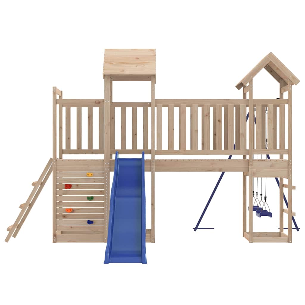 Outdoor Playset Natural, Blue Solid Pine Wood, Polypropylene, Metal