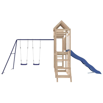 Outdoor Playset Natural, Blue Solid Pine Wood, Polypropylene, Metal