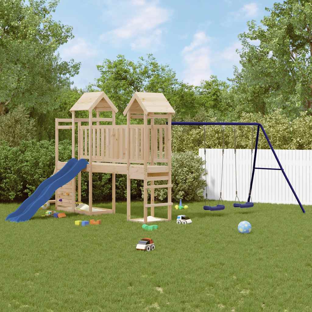 Outdoor Playset Natural, Blue Solid Pine Wood, Polypropylene, Metal