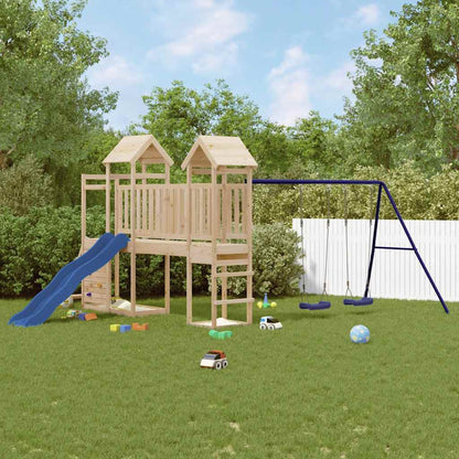 Outdoor Playset Natural, Blue Solid Pine Wood, Polypropylene, Metal