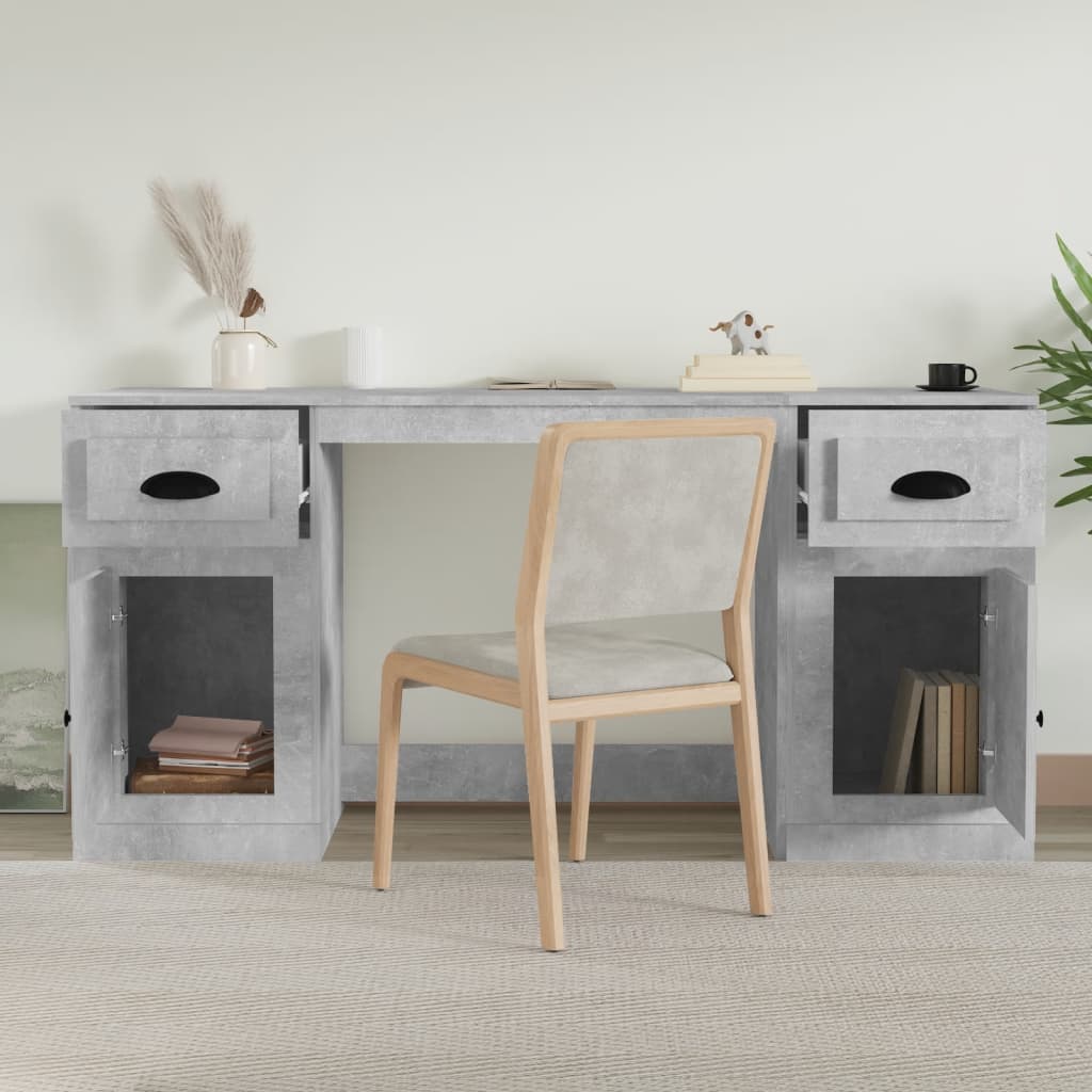 Desk With Cabinet Concrete Grey Engineered Wood Large
