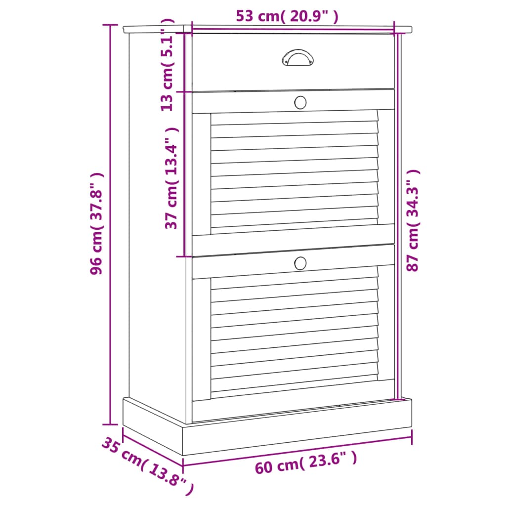 Shoe Cabinet VIGO 23.6"x13.8"x37.8" Gray Solid Wood Pine