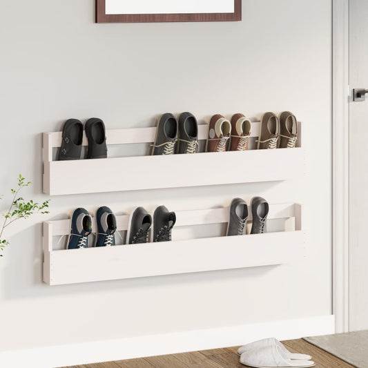 Wall-mounted Shoe Rack Set of 2 White Solid Pine Wood Large