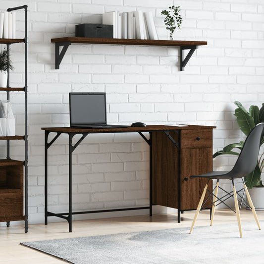 Computer Desk Brown Oak Engineered Wood, Metal Medium